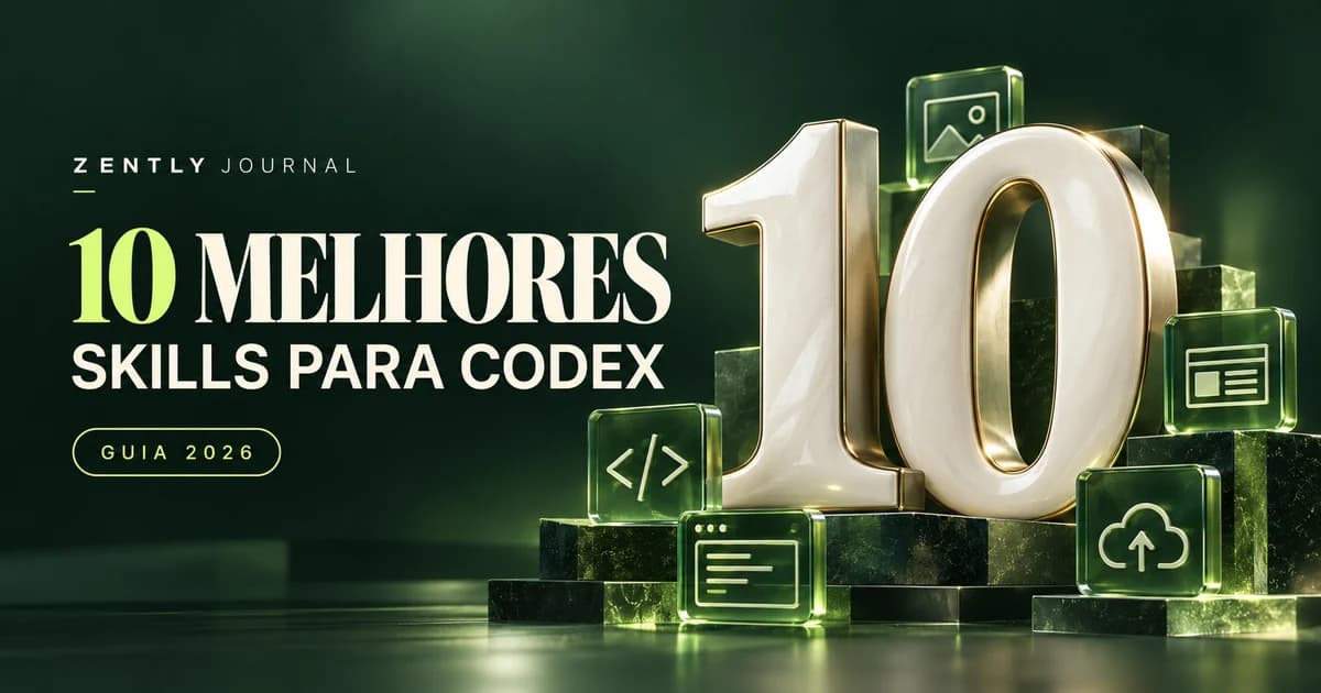 Capa com os textos 10 melhores skills para Codex e Guia 2026, número 10 tridimensional e módulos verdes de programação.