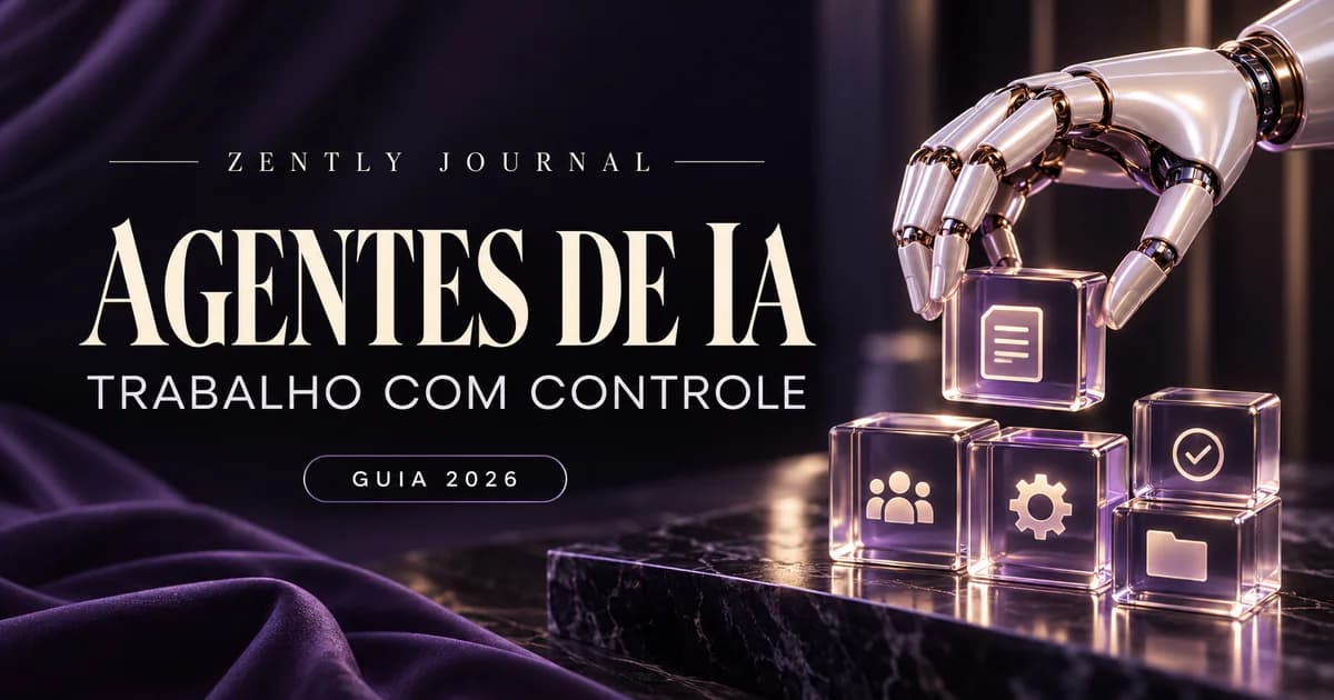 Capa do Zently Journal com o título “Agentes de IA”, o subtítulo “Trabalho com controle” e o selo “Guia 2026”, ao lado de uma mão robótica perolada que organiza cubos de vidro com ícones de documento, equipe, engrenagem, pasta e confirmação, em tons de roxo.