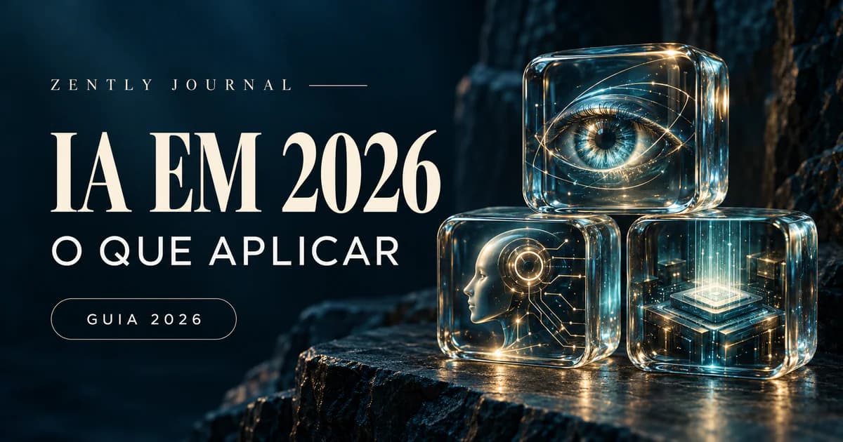 Capa do Zently Journal com o título “IA em 2026”, o subtítulo “O que aplicar” e o selo “Guia 2026”, ao lado de três cubos de vidro iluminados com um olho, um perfil humano digital e um chip, em tons de azul profundo.