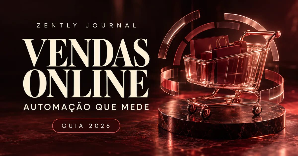 Capa do Zently Journal com o título “Vendas online”, o subtítulo “Automação que mede” e o selo “Guia 2026”, ao lado de um carrinho de compras metálico com sacolas, cercado por anéis translúcidos, em bordô e coral.
