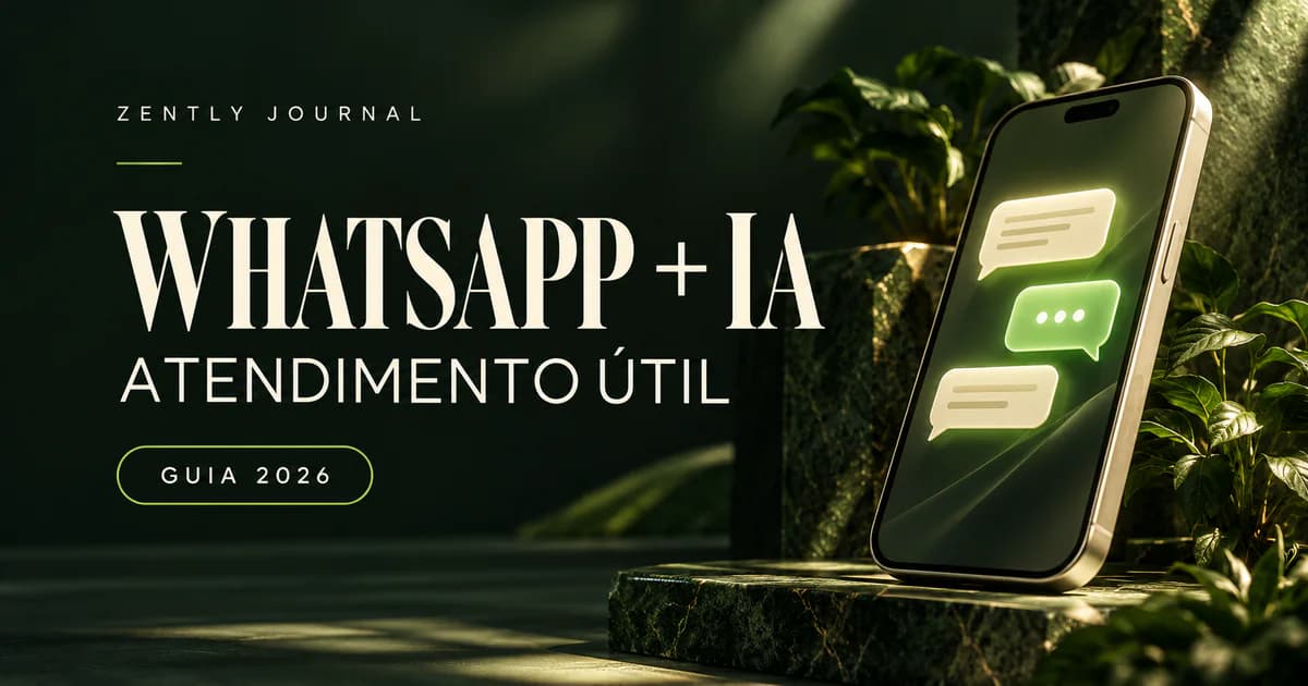 Capa do Zently Journal com o título “WhatsApp + IA”, o subtítulo “Atendimento útil” e o selo “Guia 2026”, ao lado de um smartphone com balões de conversa luminosos entre plantas, em verde-escuro e lima.