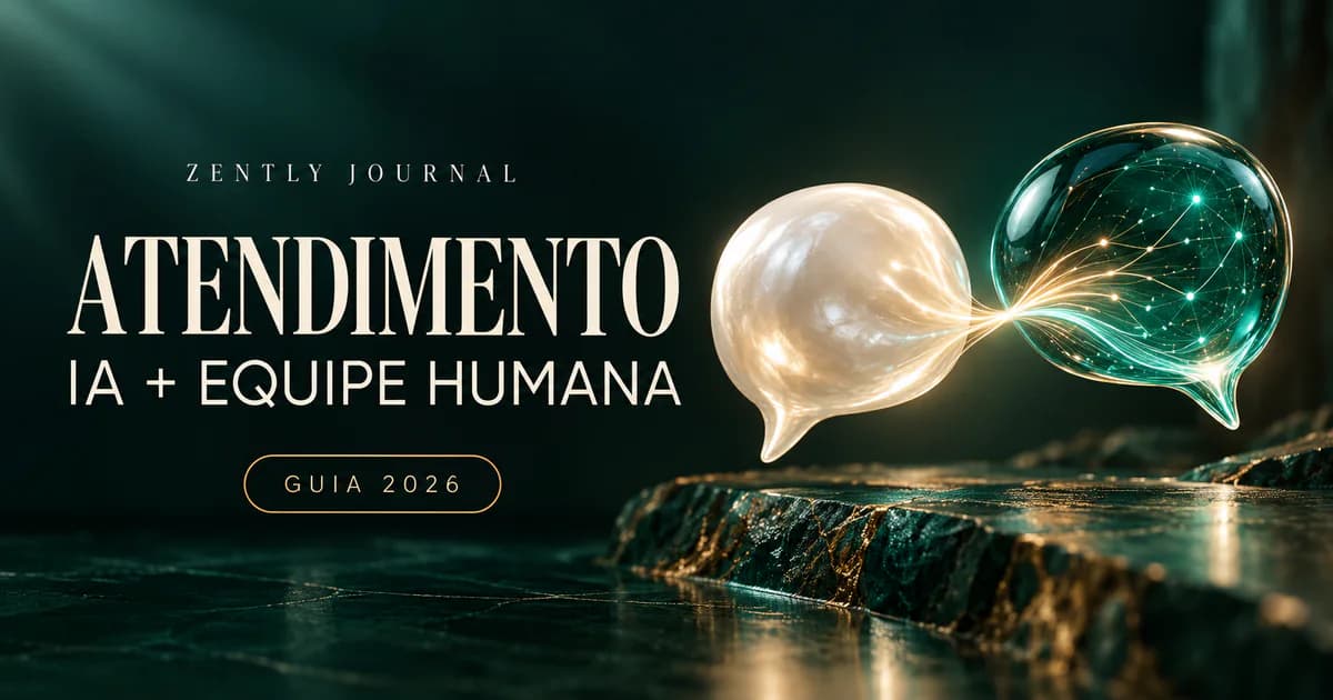 Capa do Zently Journal com o título “Atendimento”, o subtítulo “IA + equipe humana” e o selo “Guia 2026”, com dois balões de conversa, um perolado e outro verde-esmeralda, ligados por fios de luz.