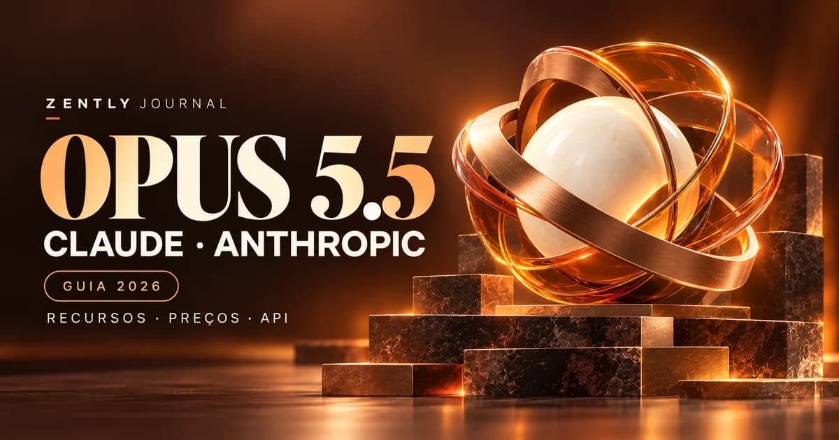 Capa alaranjada com os textos Opus 5.5, Claude Anthropic, Guia 2026 e Recursos, Preços, API, ao lado de uma escultura de cobre e vidro âmbar.