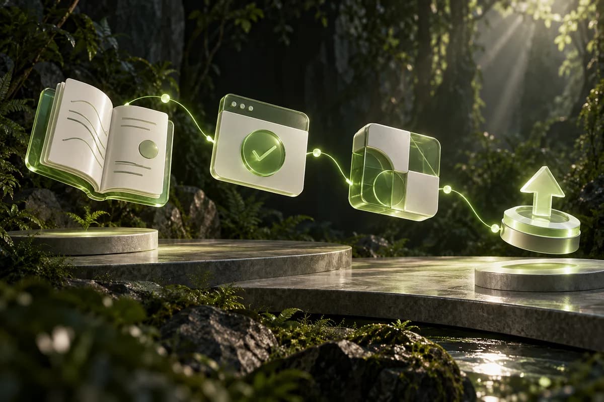 Ilustração de módulos de documentação, validação no navegador, design e publicação conectados por uma linha verde luminosa.
