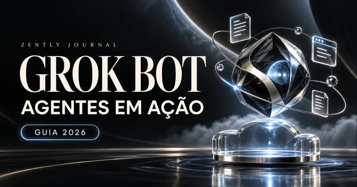 Capa Zently Journal com os textos Grok Bot, Agentes em ação e Guia 2026, núcleo de vidro e prata sobre uma nuvem iluminada em azul.