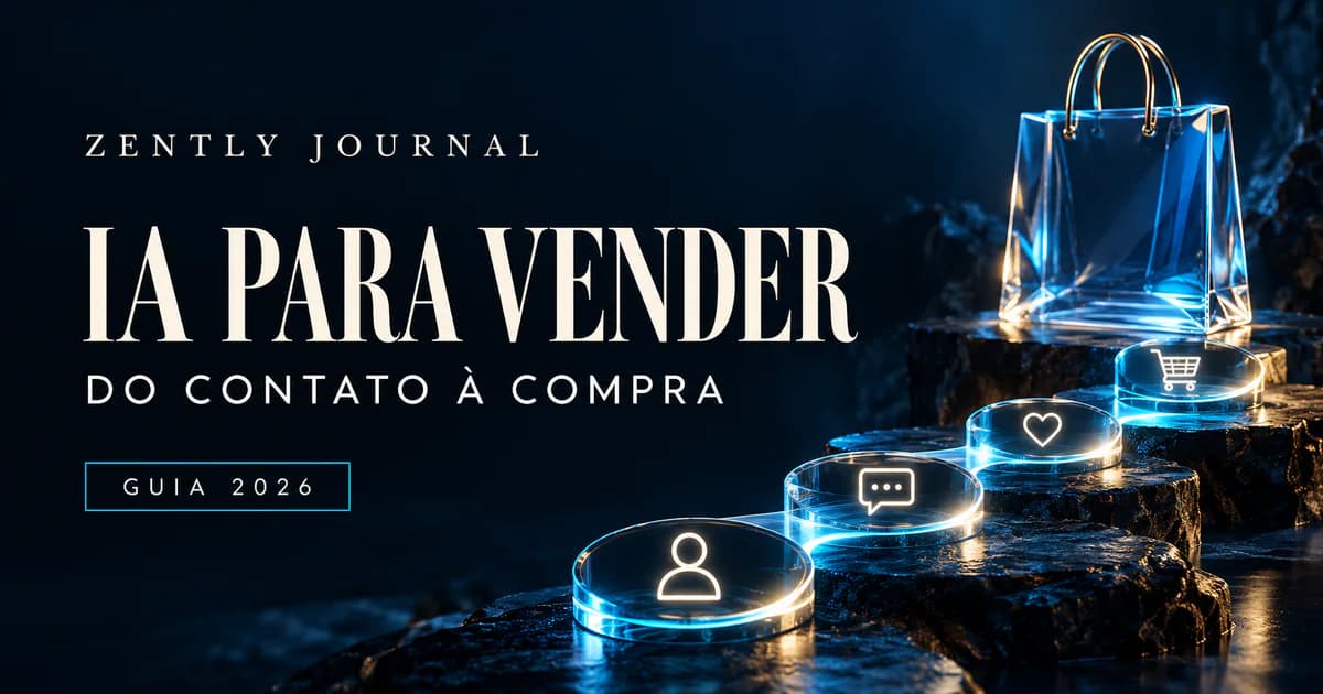 Capa do Zently Journal com o título “IA para vender”, o subtítulo “Do contato à compra” e o selo “Guia 2026”, com uma sacola de vidro no alto de degraus luminosos marcados por ícones de pessoa, conversa, coração e carrinho, em azul-marinho e ciano.