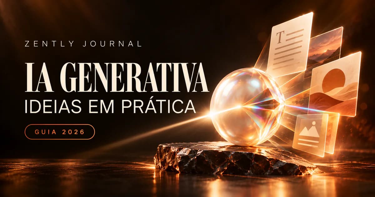Capa do Zently Journal com o título “IA generativa”, o subtítulo “Ideias em prática” e o selo “Guia 2026”, com uma esfera perolada que projeta luz sobre painéis de texto e imagem, em laranja queimado e cobre.