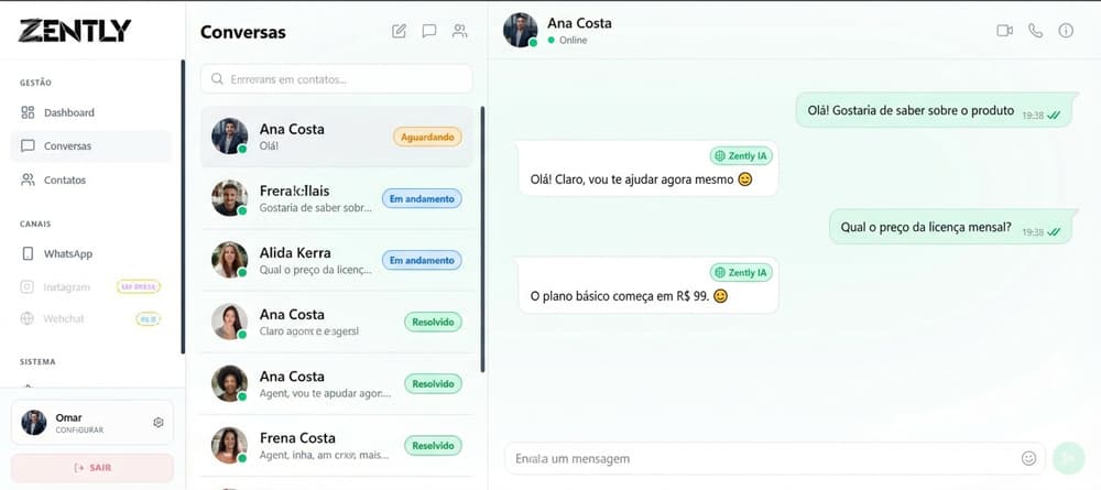 Interface do Zently: Agente Respondendo