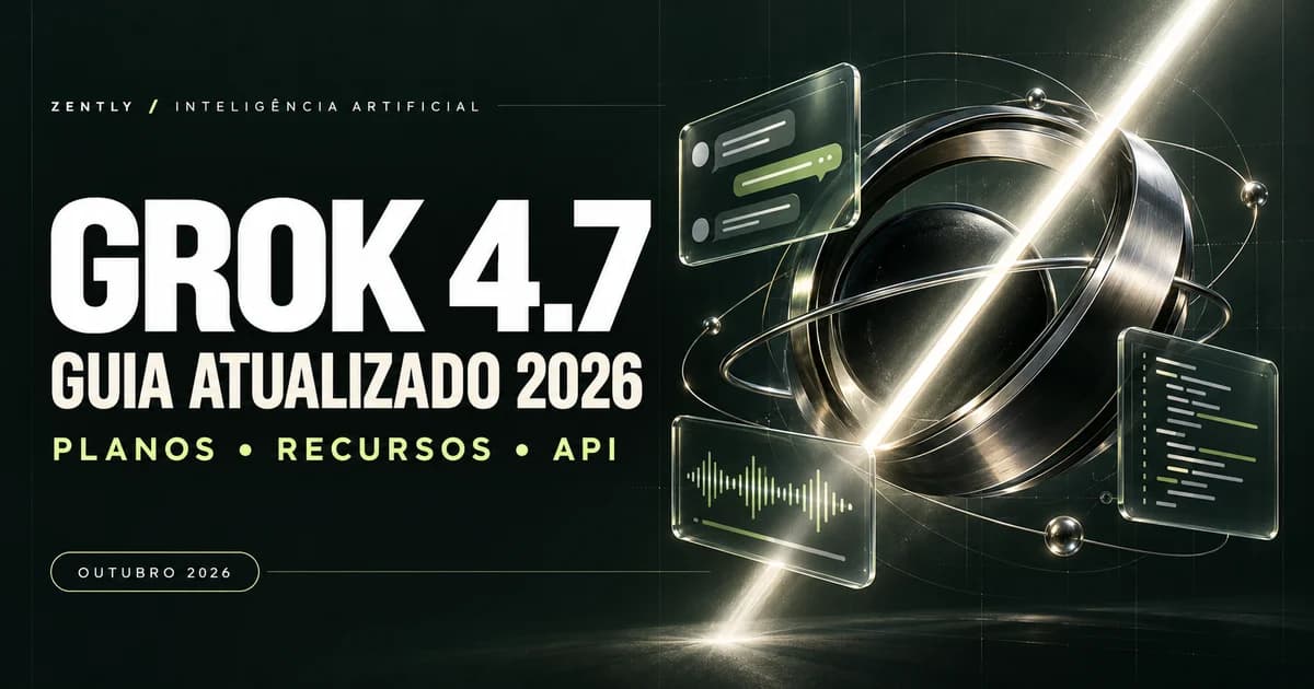 Capa com os textos Grok 4.7, Guia atualizado 2026 e Planos, Recursos, API, ao lado de uma estrutura orbital metálica