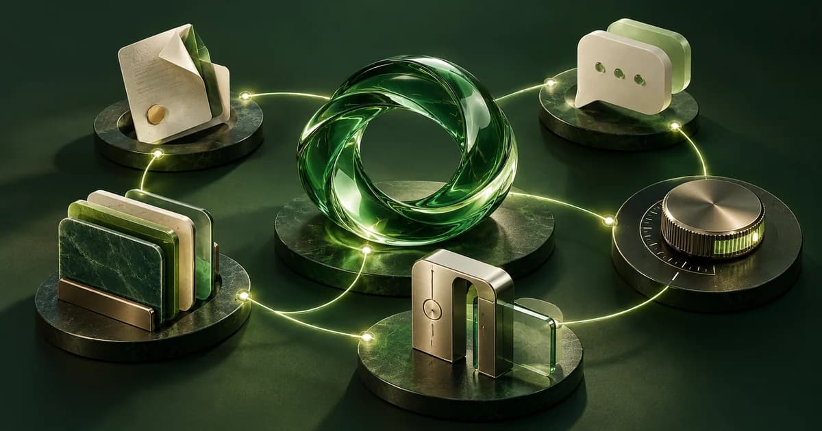 Anel de vidro verde conectado a documentos, conversas, conhecimento, permissões e controle, representando cinco tendências de IA